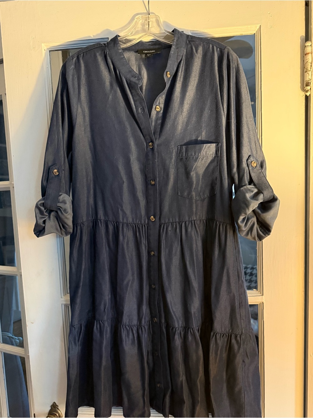 Karen Kane Dark Chambray Button-Front Tiered Shirt Dress